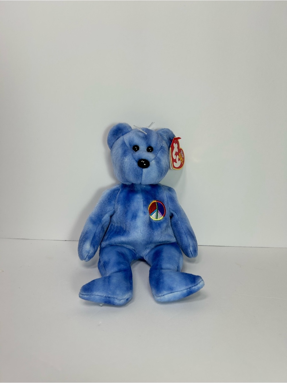 Ty Blue Peace Bear Beanie Plush with Rainbow Peace Patch